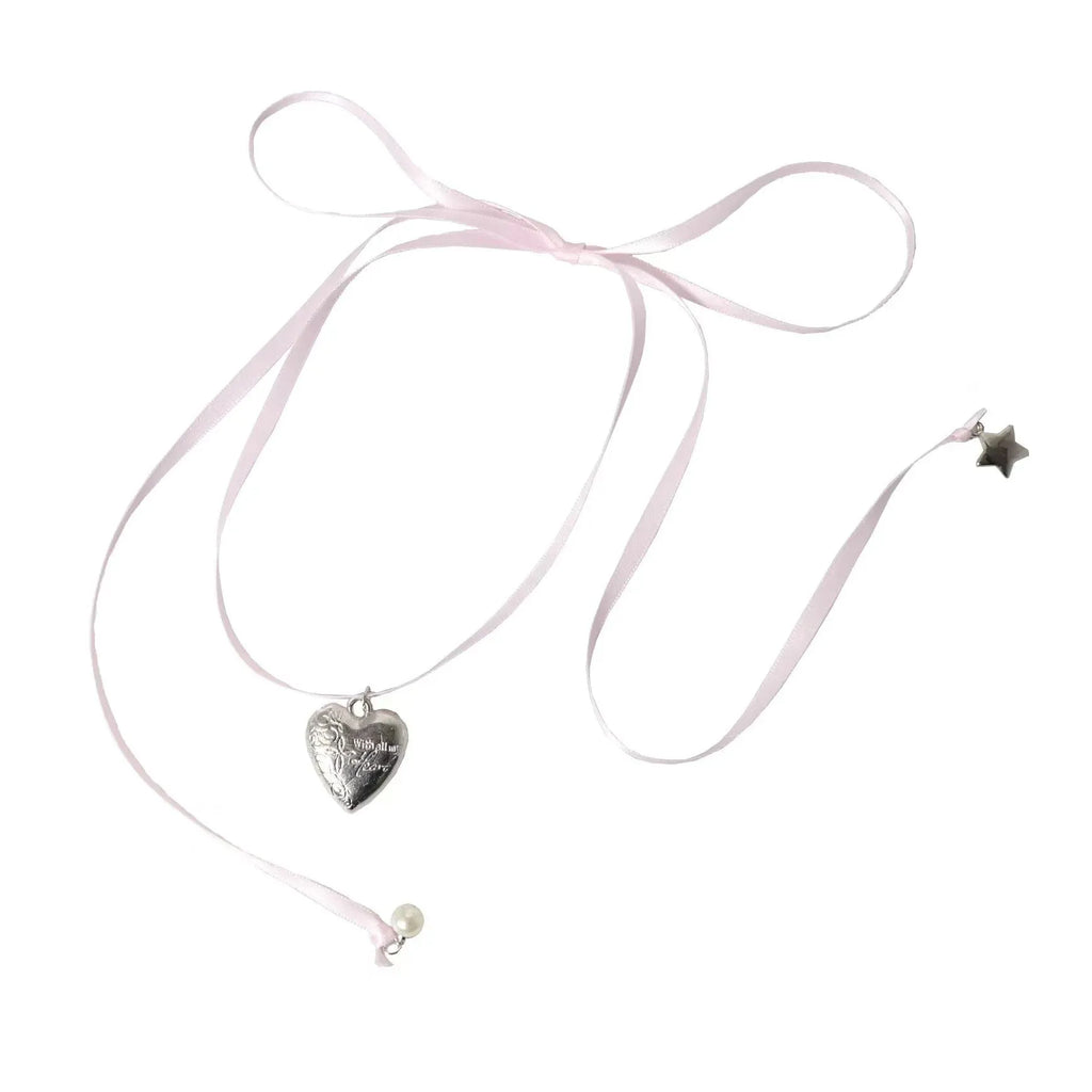 Women's ribbon love pendant necklace with electroplated finish on alloy clavicle chain