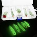 Five 3D fluorescent hard fishing lures with submerged luminous finish in mixed colours