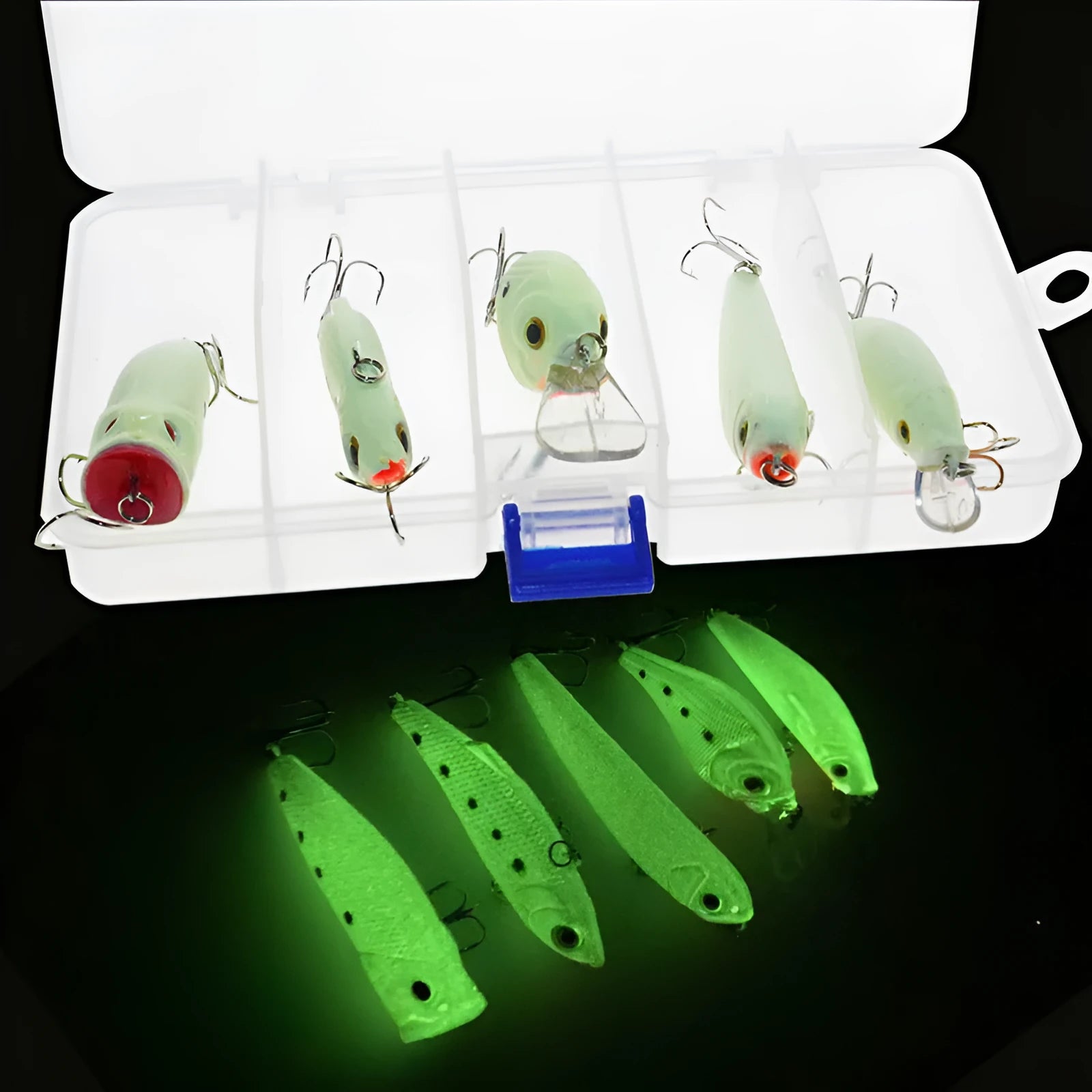 Five 3D fluorescent hard fishing lures with submerged luminous finish in mixed colours