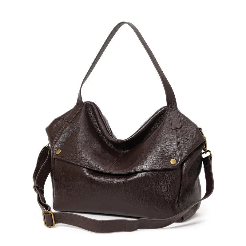 Brown genuine leather women's shoulder bag with horizontal square shape and interior organisation compartments