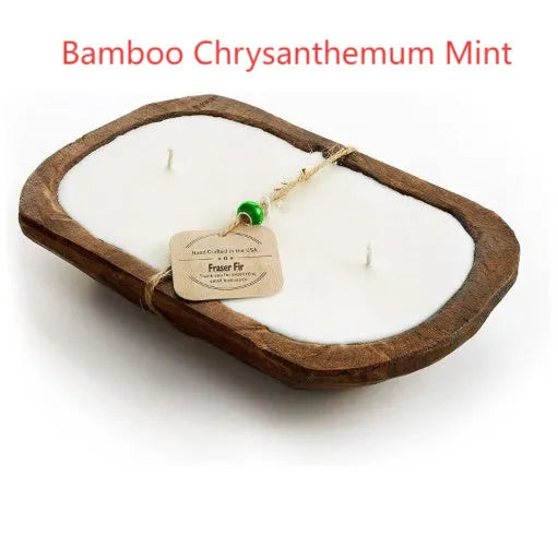 Retro lavender wooden basin containing a soy wax aromatherapy candle with a three-lamp wick.