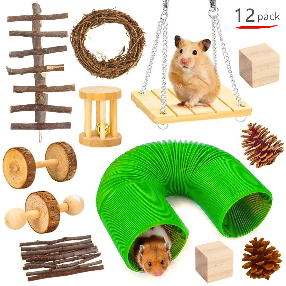 Wooden chew toy sets for rabbits, guinea pigs and parrots with various natural components