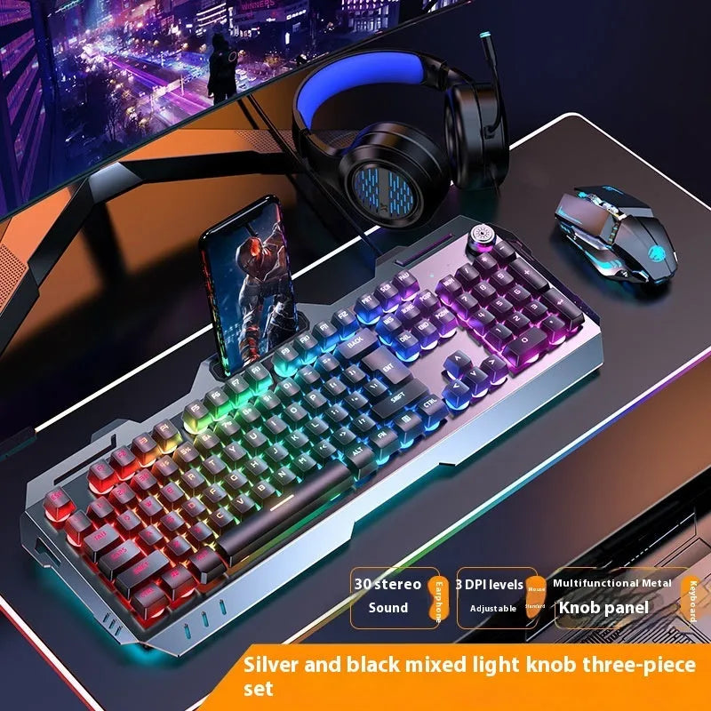 Aluminium mechanical gaming keyboard with a silver black finish and a central control knob.