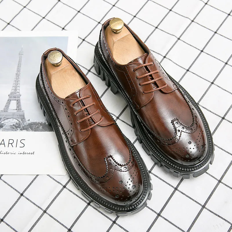 Men's black business brogue shoes with round toe design and artificial leather upper