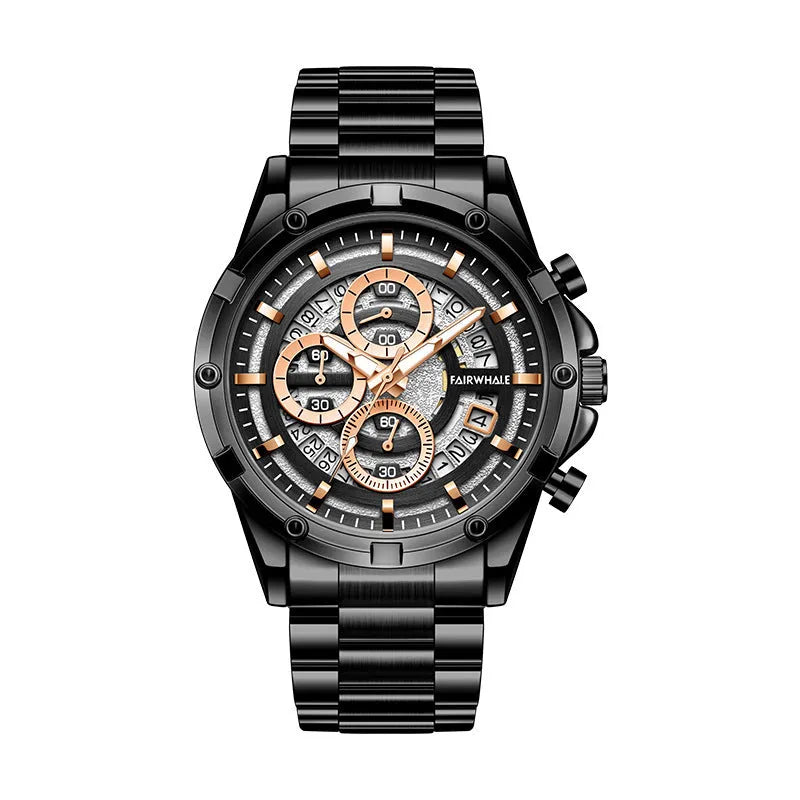 Men's waterproof luminous quartz watch with steel band in black and blue colour option