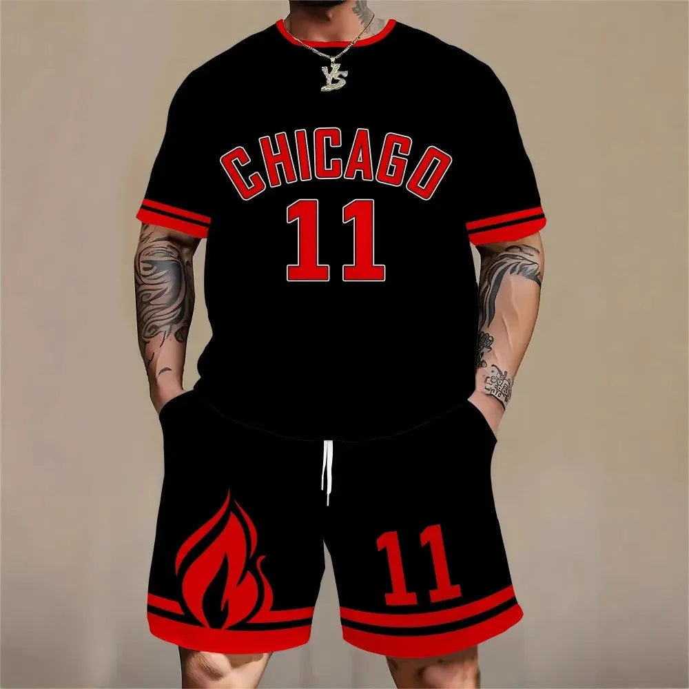 Men's 3D printed personality letter short sleeve top and shorts set in sports leisure style