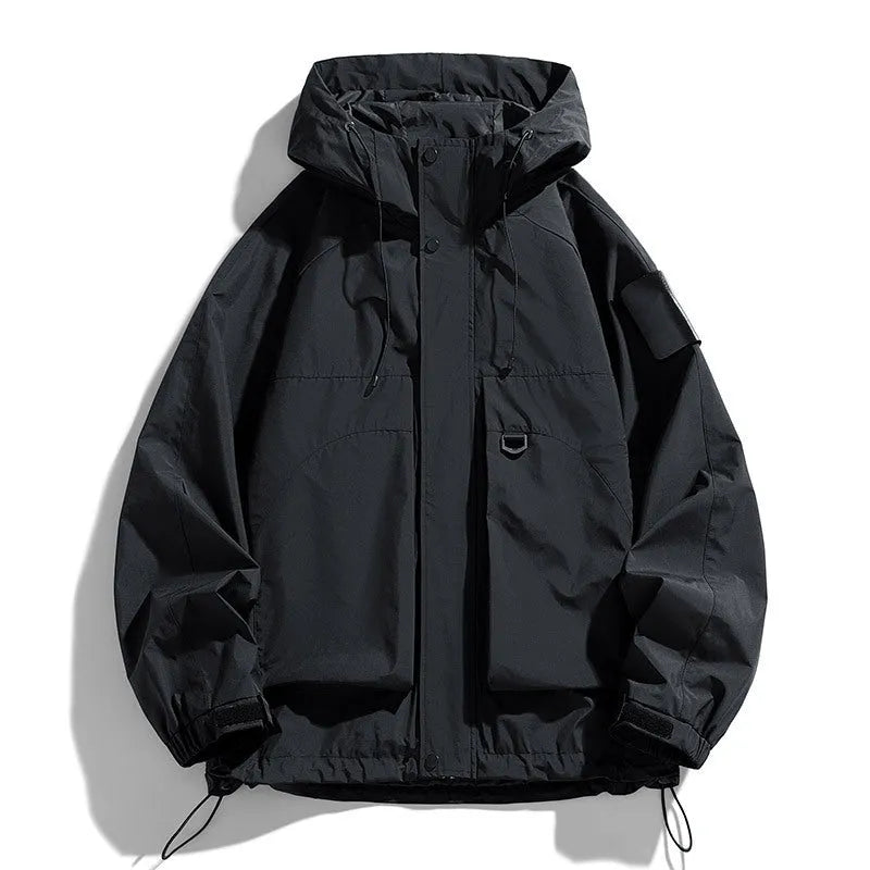 Men's black waterproof hooded jacket with long sleeves, shown in a regular length cut.