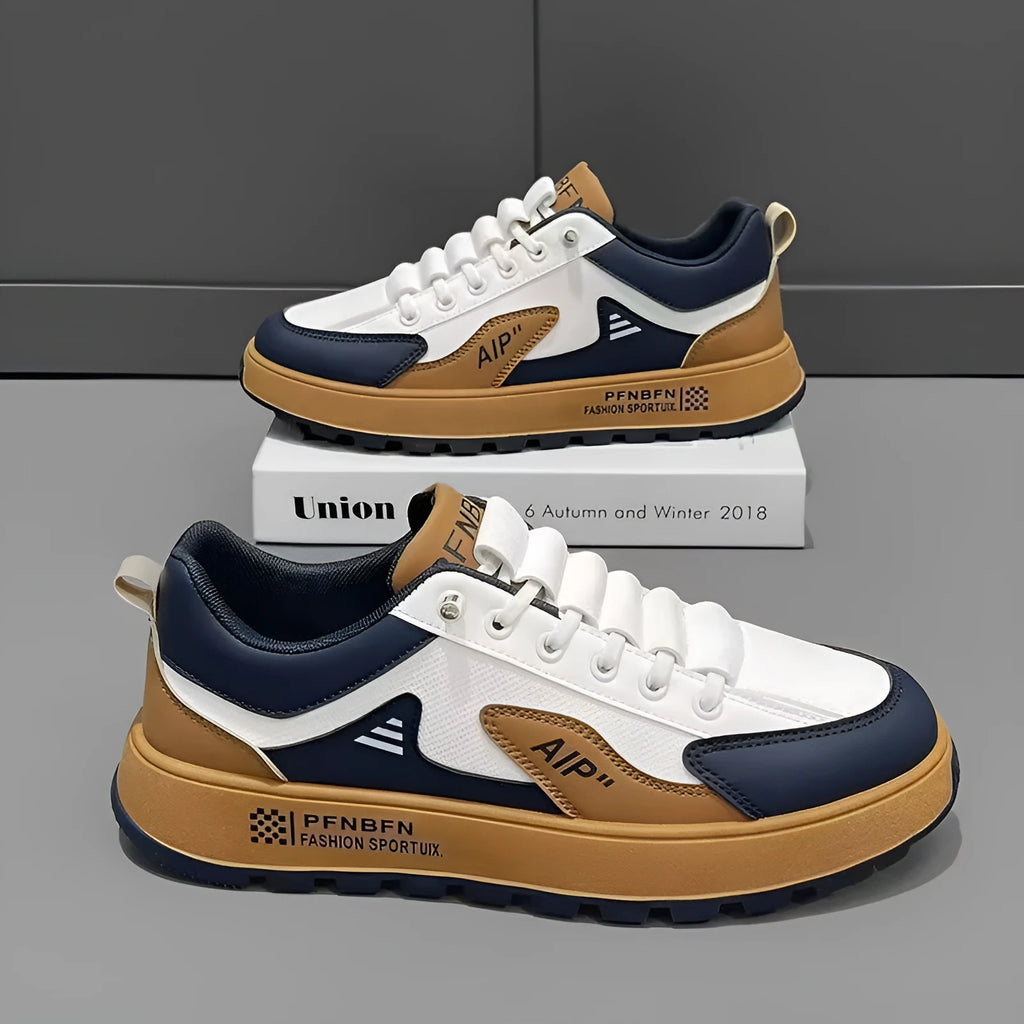 Men's white and black casual sports shoes with a round toe and PU upper.