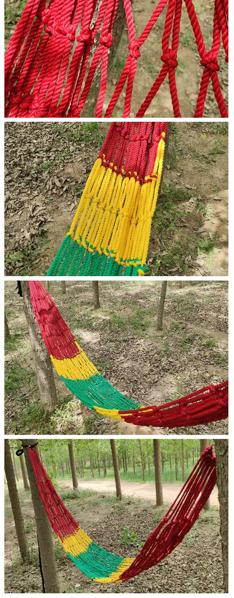 Nylon rope mesh hammock hung between two trees with tying rope visible