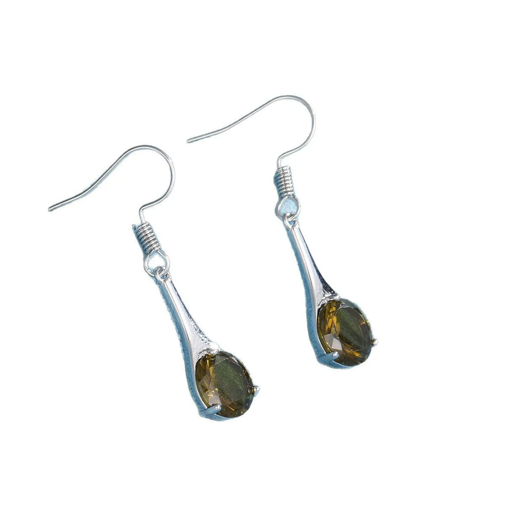 Olive green topaz coloured drop earrings with a water drop shape and minimalist retro design.