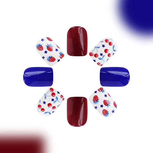 Glossy red and blue strawberry cherry pattern artificial nail stickers for Independence Day