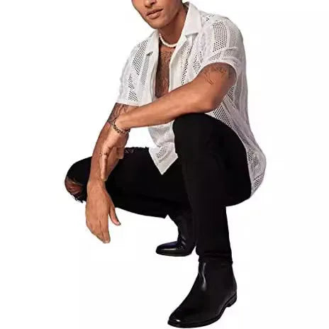 Men's black knitted short-sleeve shirt with jacquard texture and button cardigan design
