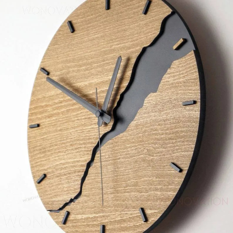 Modern wooden wall clock with creative crack finish and silent quartz movement for home decor