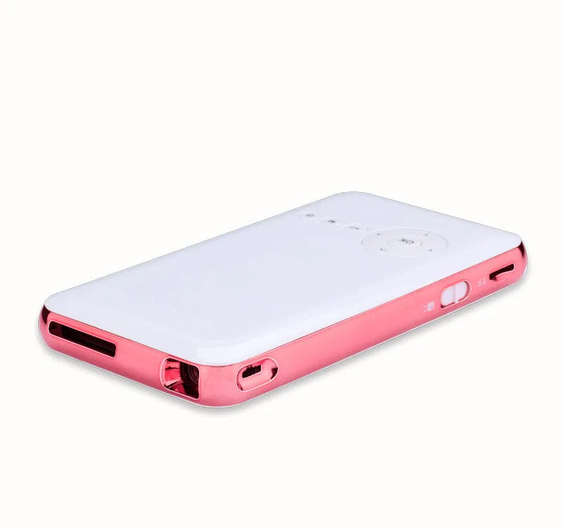 White and rose gold miniature portable Android projector showing compact 145mm size with smart DLP technology