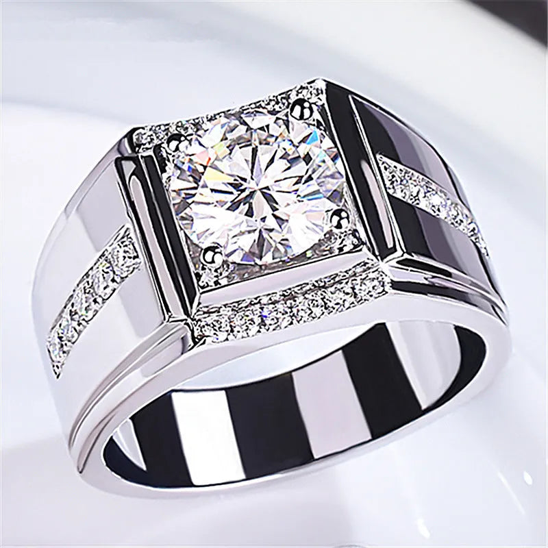 Men's geometric adjustable copper ring with high-carbon diamond zircon stones in an electroplated finish.