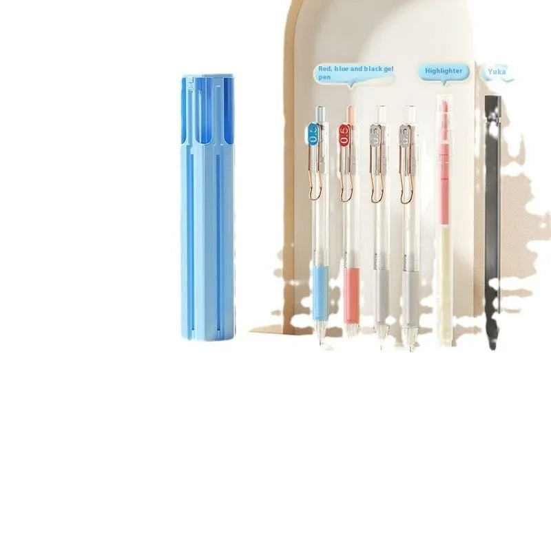 Plastic six pens pencil case in three colour options showing portable pen storage design