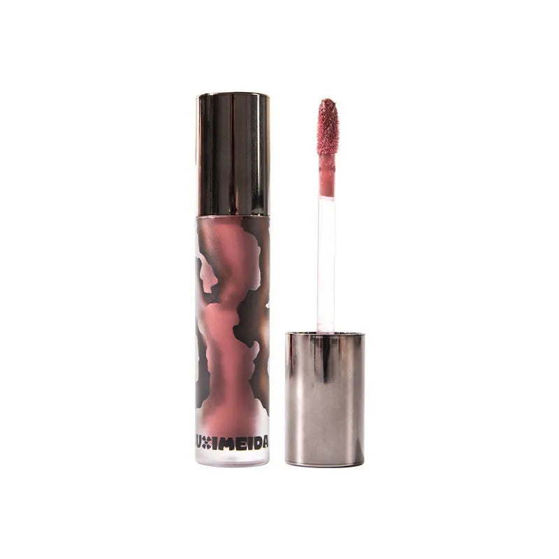 Matte lip mud lipstick tube showing five colour shades including orange brown coffee and cool grey