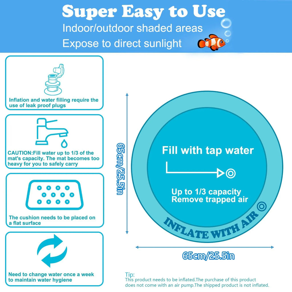 Square blue water sensory playmat for cats on floor, showing ocean fish design and floating toys inside.