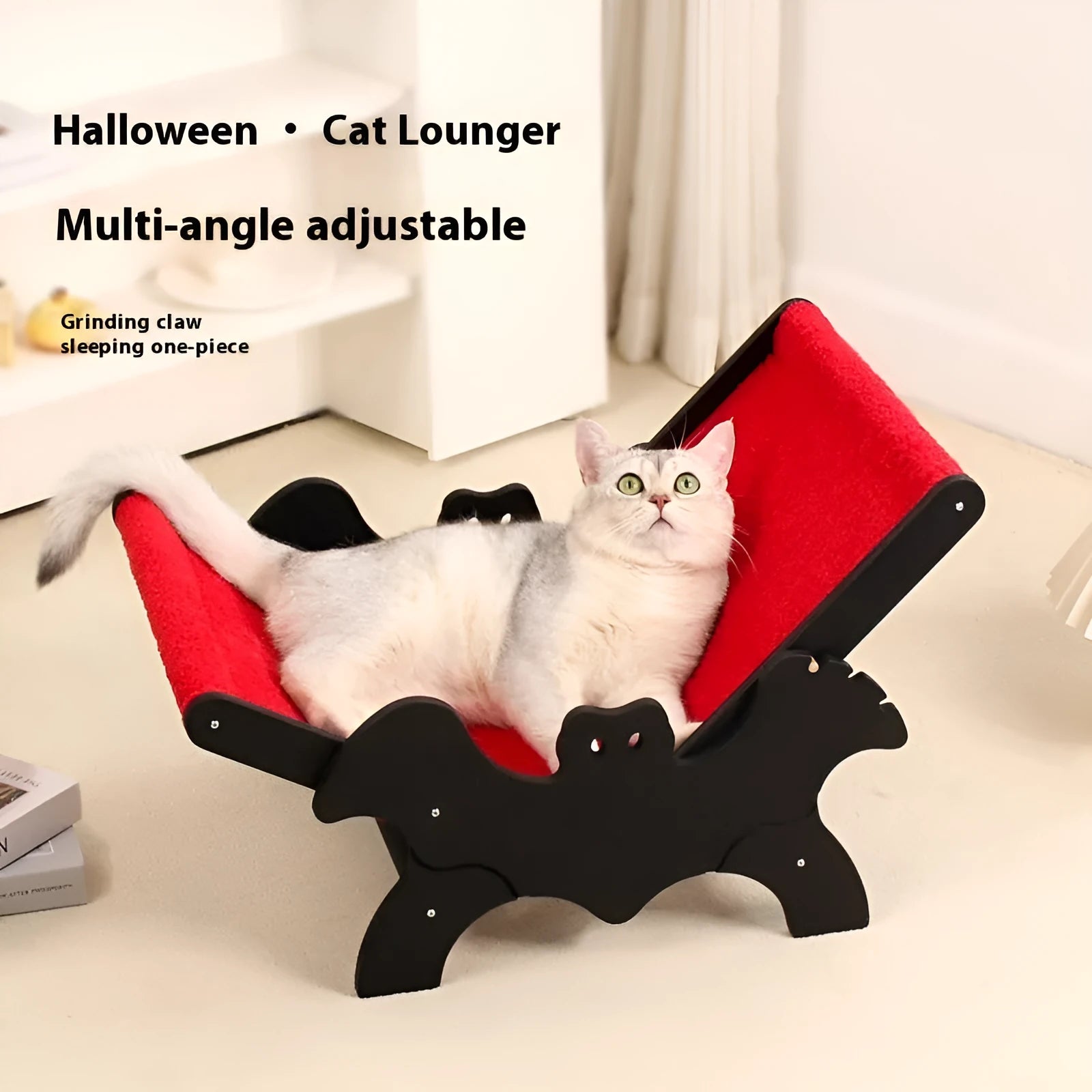 Black and red Halloween style wooden cat recliner lounge chair for indoor pet use