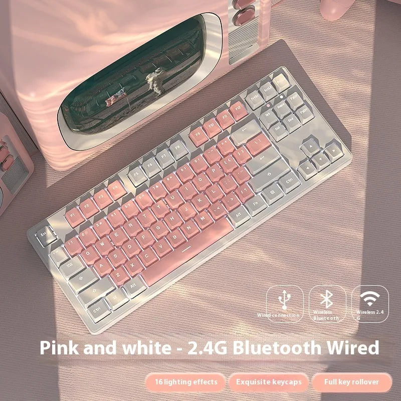 Triple-mode mechanical keyboard in various colour options showing 87-key and 108-key layouts