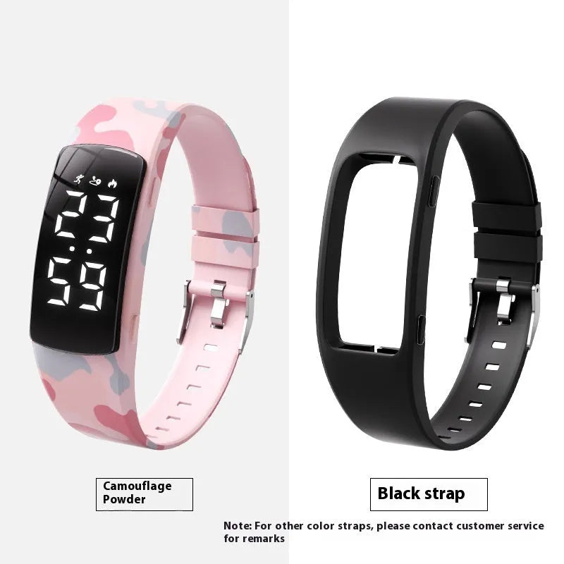 Vibration alarm clock watch with LED display on silicone strap showing multiple colour options