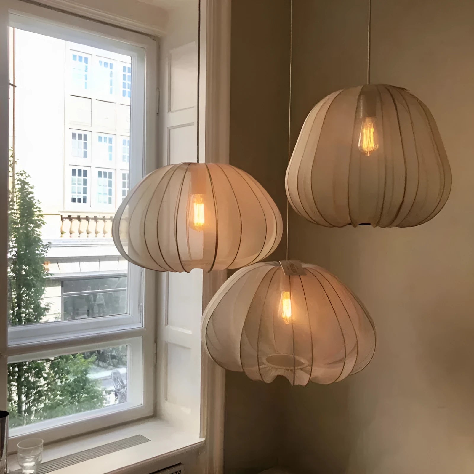 Japanese-style net pumpkin ceiling lamp in grey blue with branch design and LED lighting