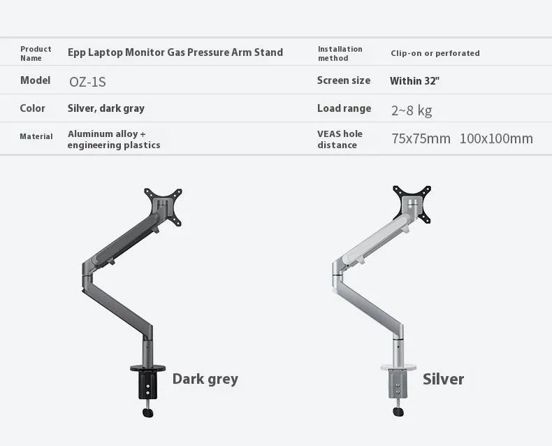 Silver aluminium alloy laptop arm bracket stand with hover design for adjustable height