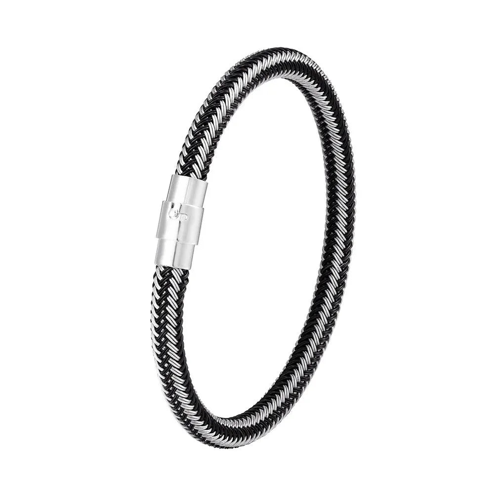 Men's geometric titanium steel wire bracelet with a magnetic clasp shown on a wrist.