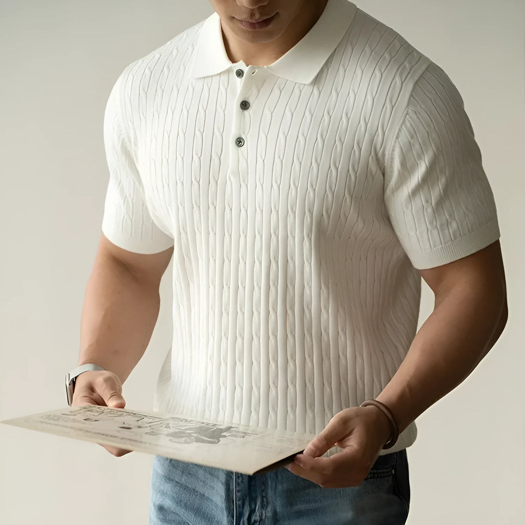Men's khaki short sleeve business top on a hanger, showing the fabric texture and fit.