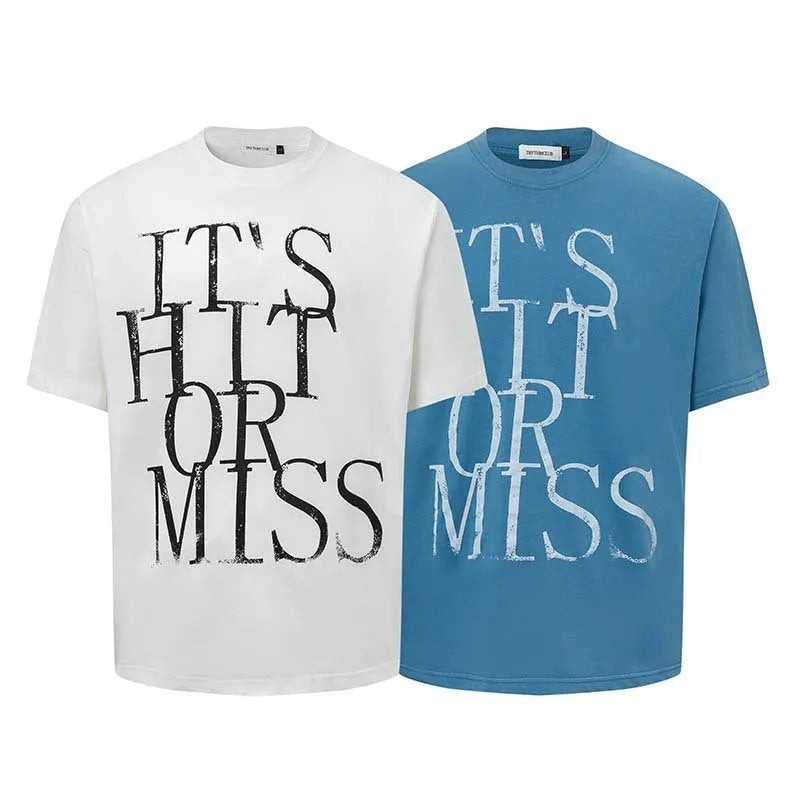 Men's blue American retro style loose-fit T-shirt with large white letter printing on the front.
