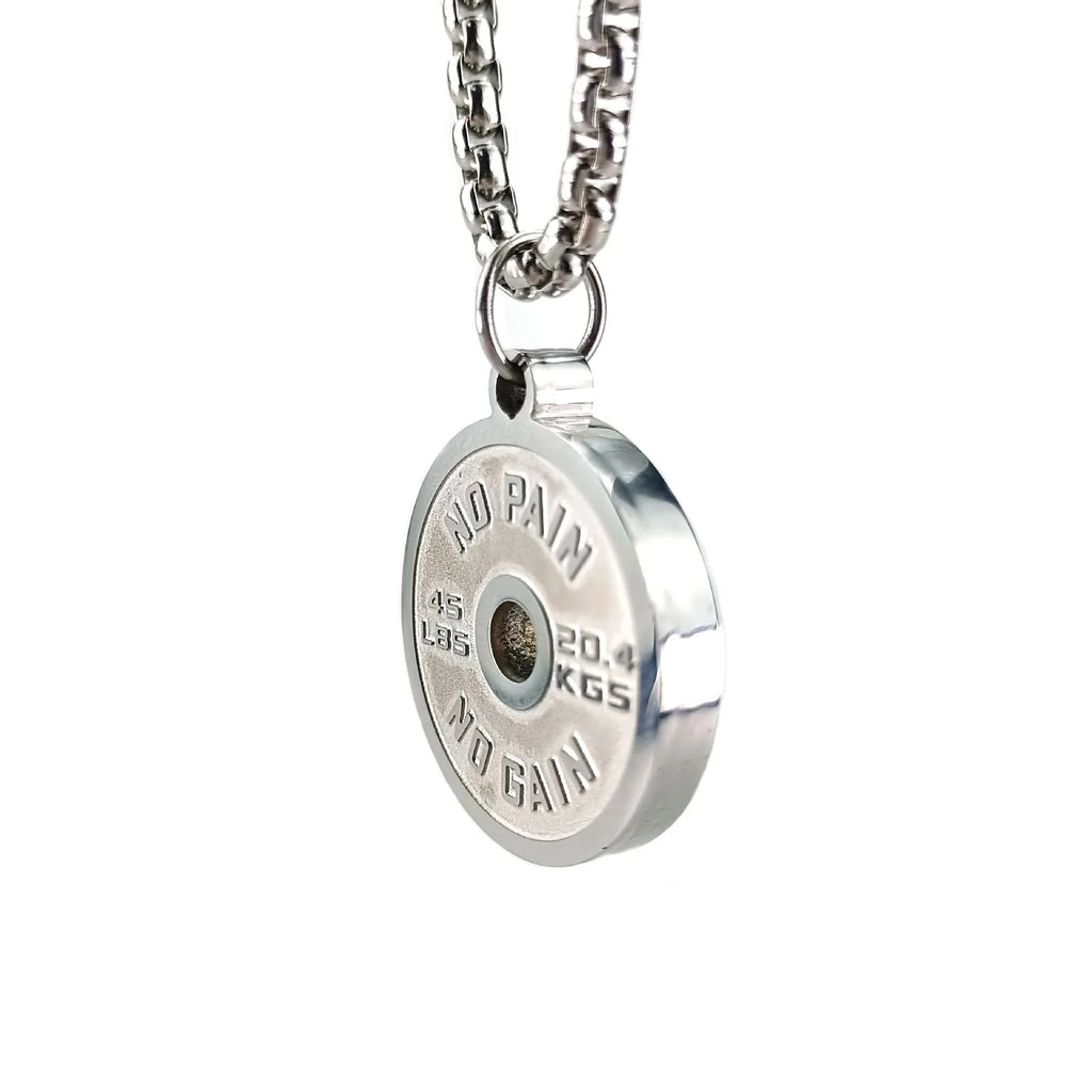 Polished stainless steel barbell disk necklace with geometric pendant on 60cm chain