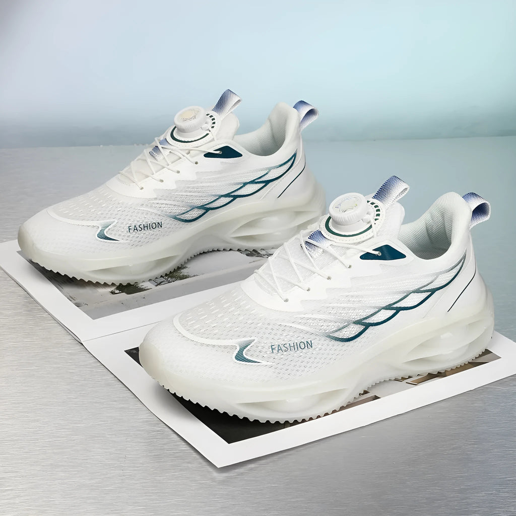 Casual breathable running shoes in sky blue, black gold, or white with mesh upper and rubber sole