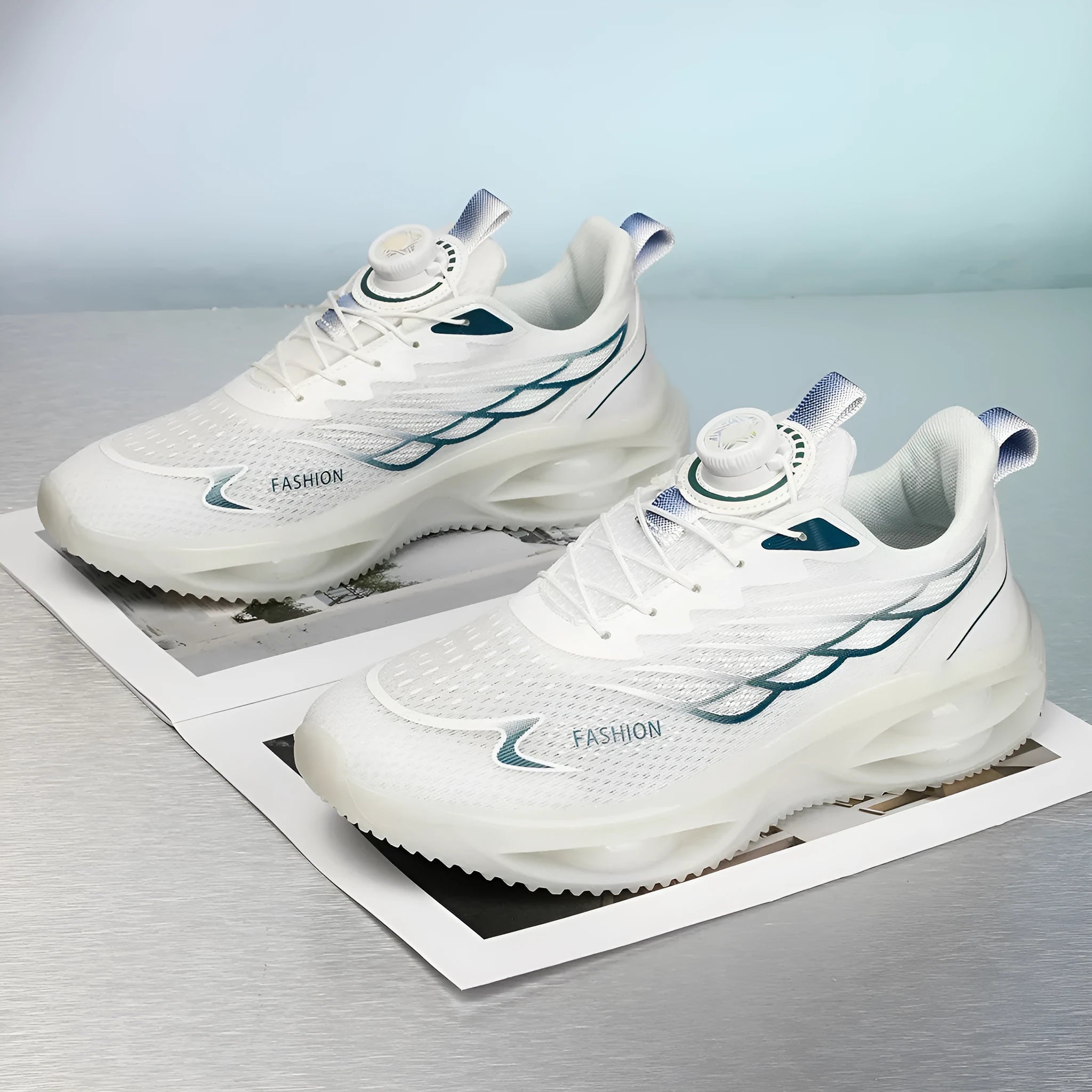Casual breathable running shoes in sky blue, black gold, or white with mesh upper and rubber sole