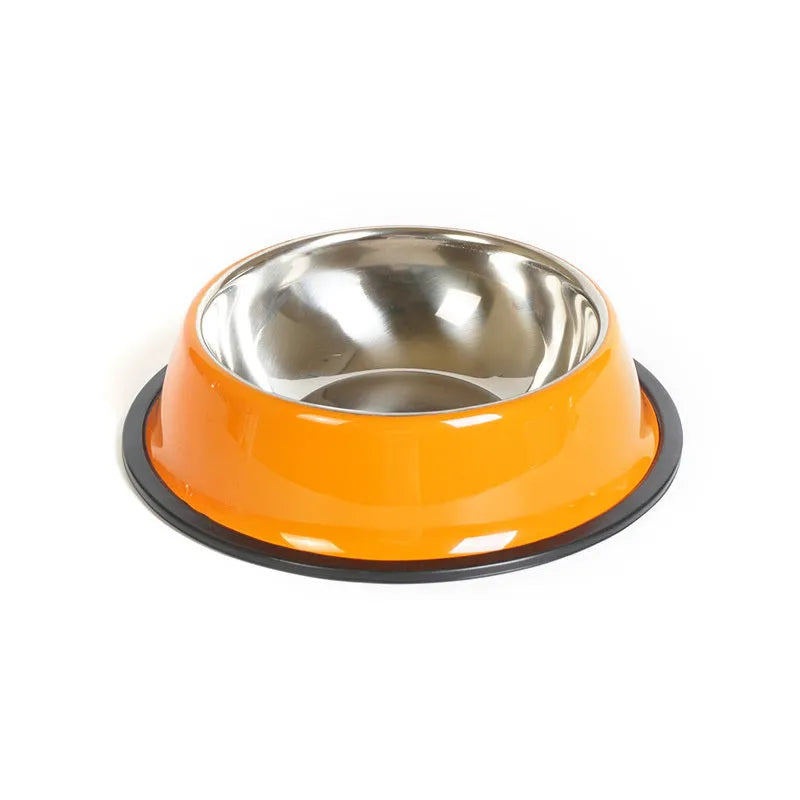 Stainless steel pet bowl inside colourful melamine pot with non-slip base