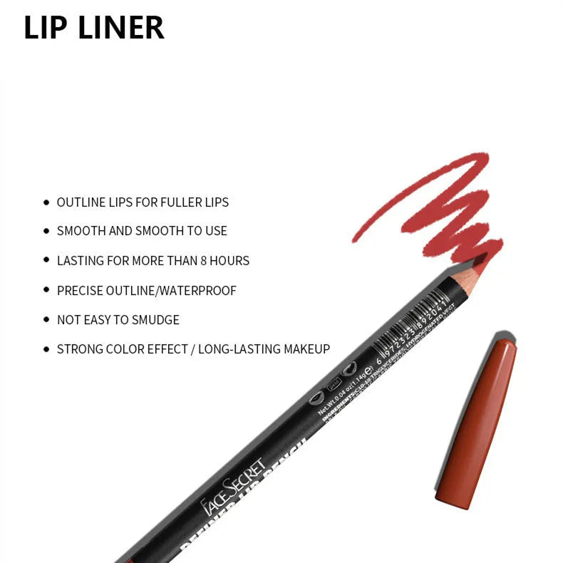 Matte lip liner in wood finish showing rich colour payoff with 14 shade options from 201 to 214
