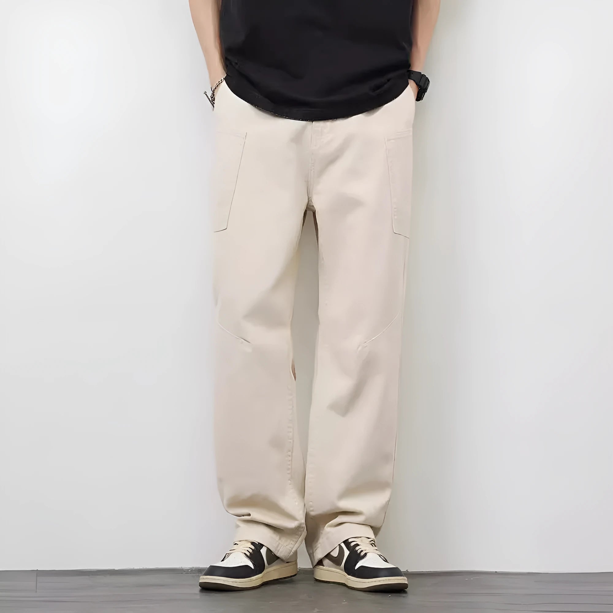 Loose-fit cotton cargo trousers in apricot with large side pockets