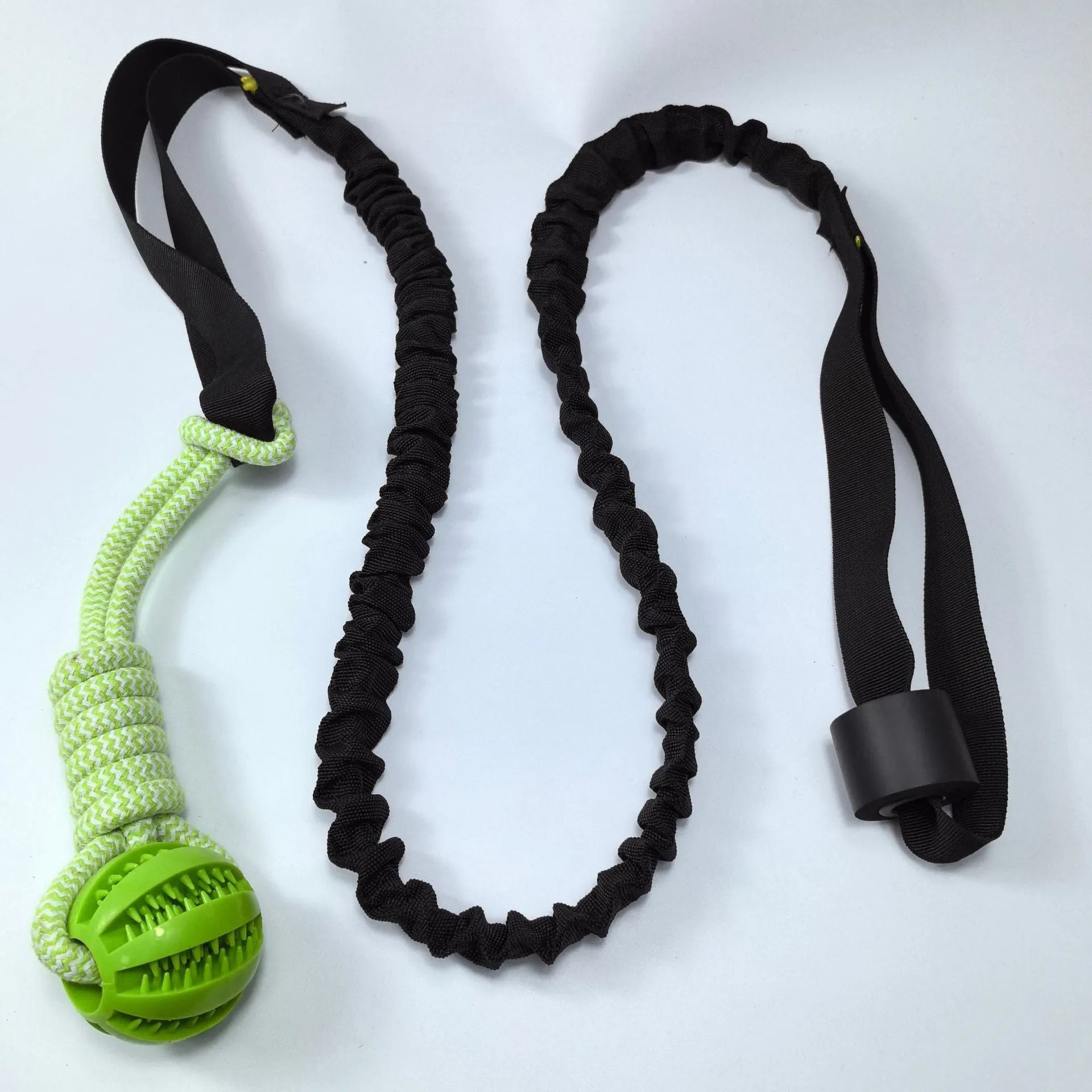 Cotton thread dog tug rope toy with green ball attachment for bite and pull play