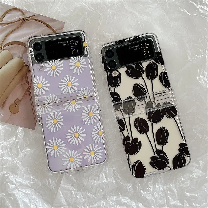 Samsung Galaxy Z Flip phone case with floral pattern in daisy or tulip colours