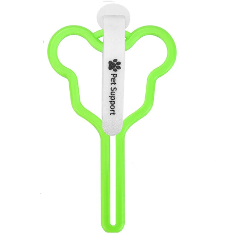 Hands-free dog poop bag holder with Velcro strap attached to a leash.