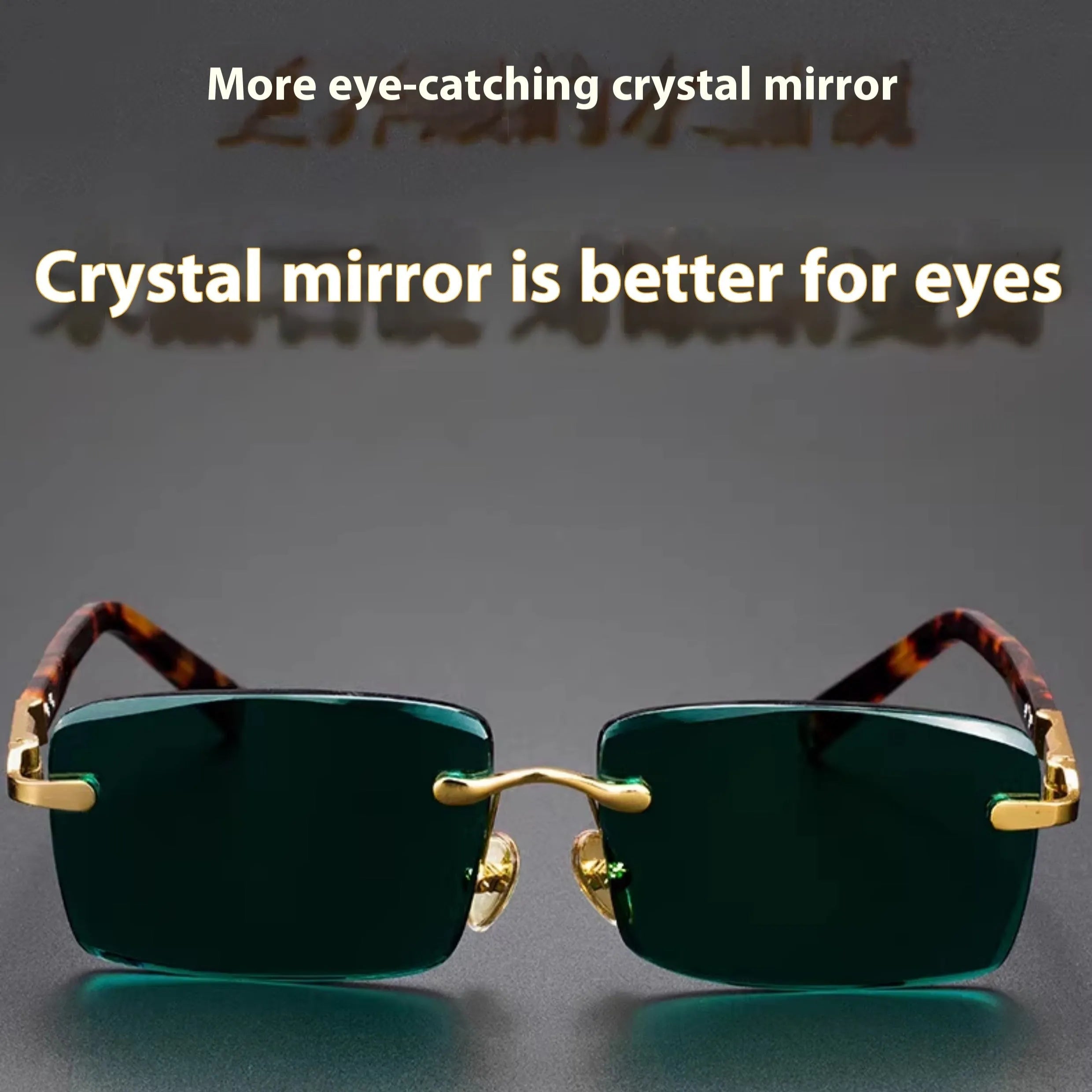 Dark green frameless crystal sunglasses shown with a glasses case and lens cloth.