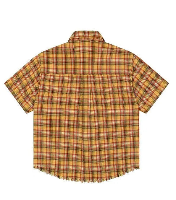 Yellow plaid short sleeve button-up shirt with chest pocket, loose fit unisex design