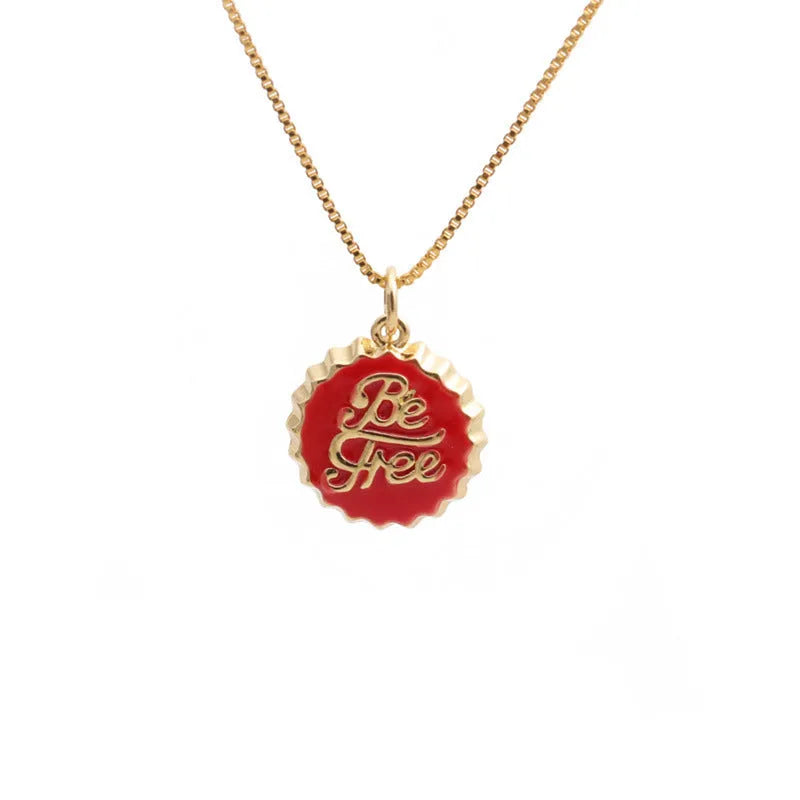 Copper bottle cap pendant necklace with gold electroplating on a box chain, shown in multiple colour options.