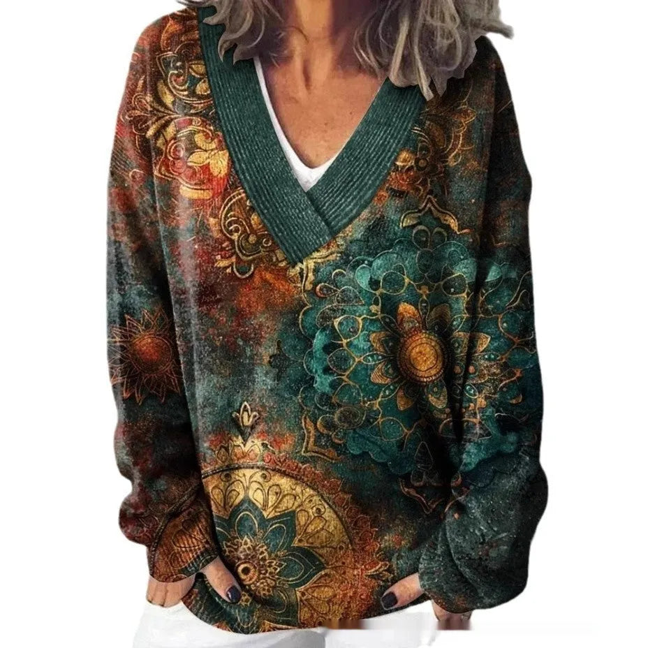 Women's V-neck long sleeve sweatshirt with a detailed 3D floral pattern print in art retro style.