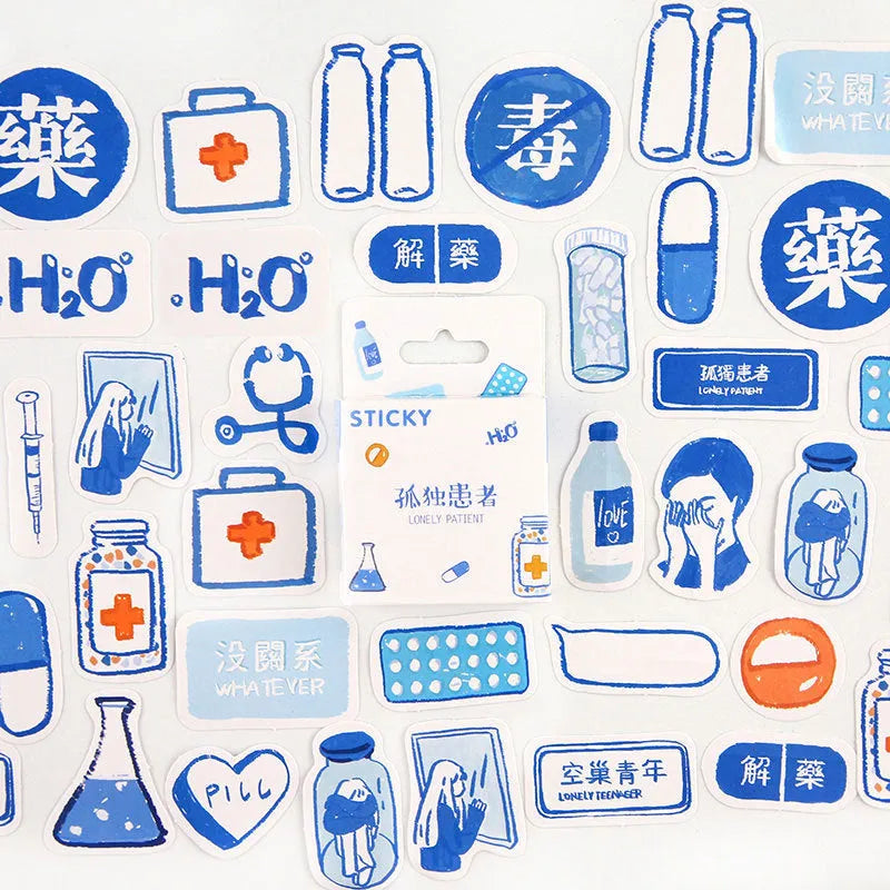46-piece decorative cartoon sticker pack for journals with small 30x37mm designs in nine colour themes