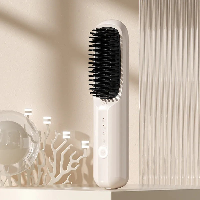 Beige wireless anion hair straightening comb on a table with Type-C cable.