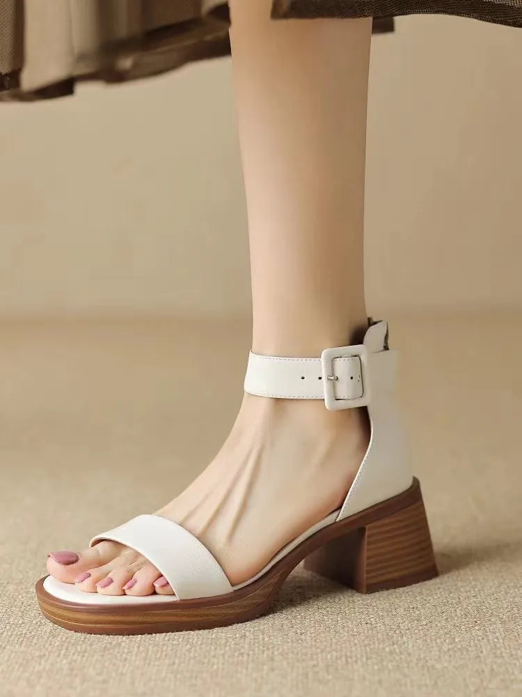 Women's retro ankle-strap platform high heels in khaki and white with round toe design