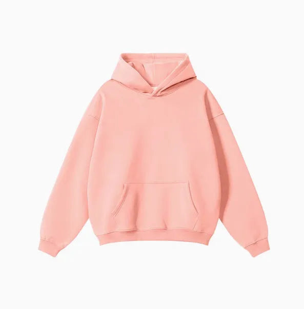 A loose-fit men's hooded sweater in 450g terry cotton with drop shoulders, shown in a solid colour.
