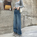 Women's retro blue straight leg jeans with high-waist design in three length variations