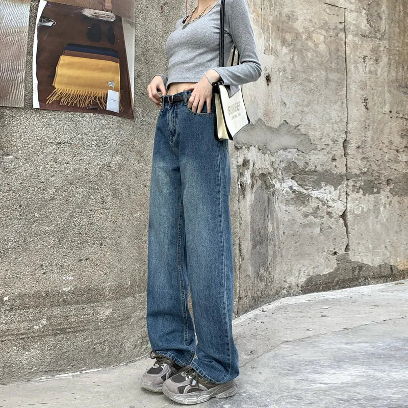 Women's retro blue straight leg jeans with high-waist design in three length variations