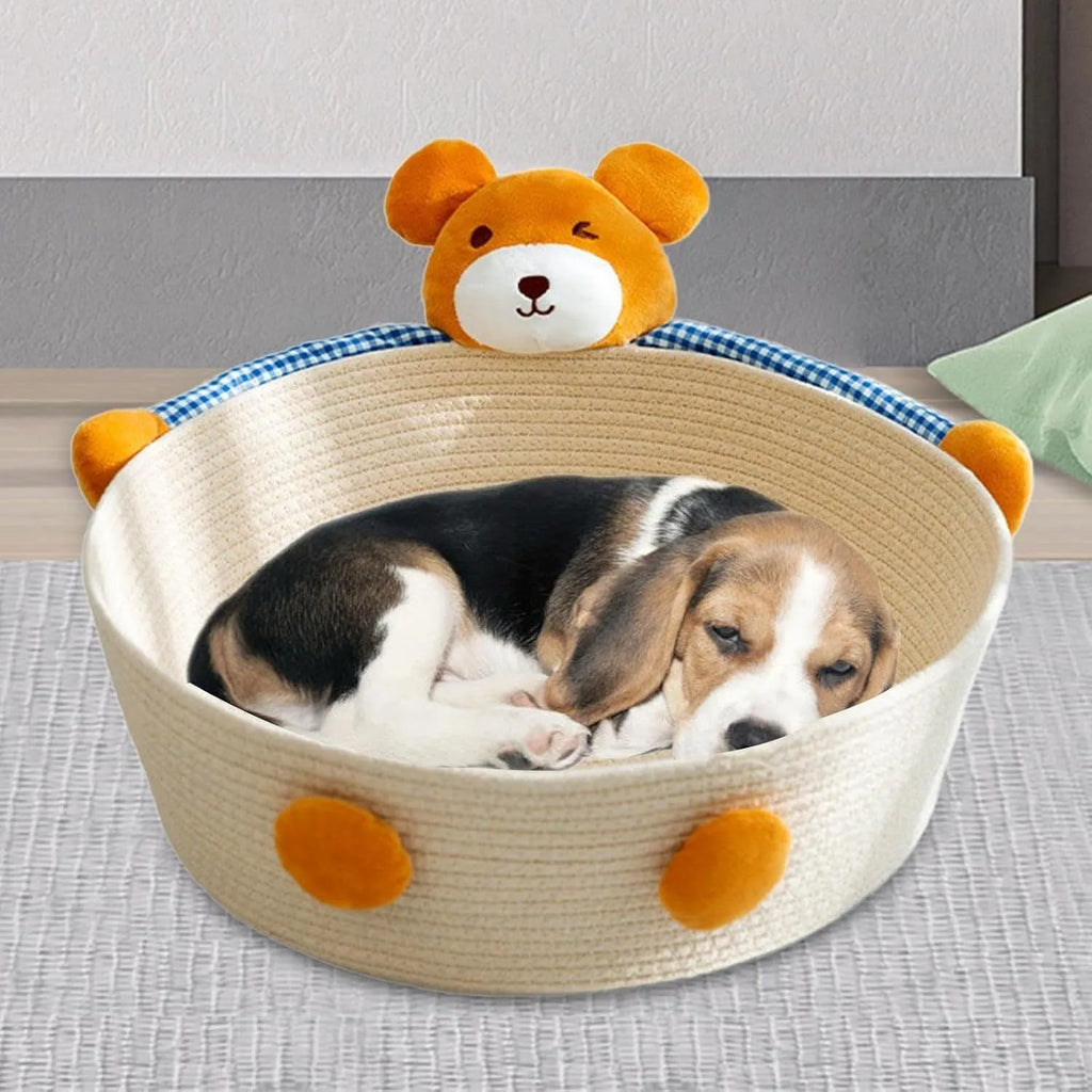 Woven cotton rope cat bed basket with integrated scratching surface in bear print design